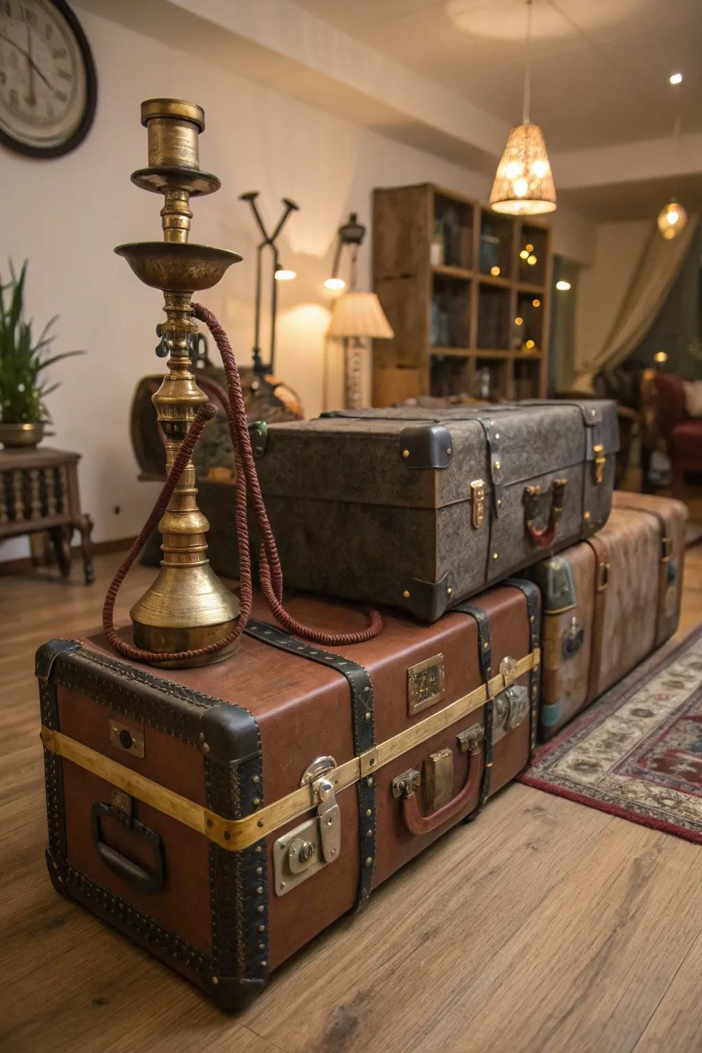 Charming vintage suitcases offer stylish smoking gear storage.
