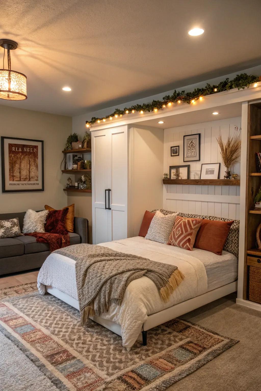 A convertible living space that becomes a guest room with a pull-down foldaway bed.