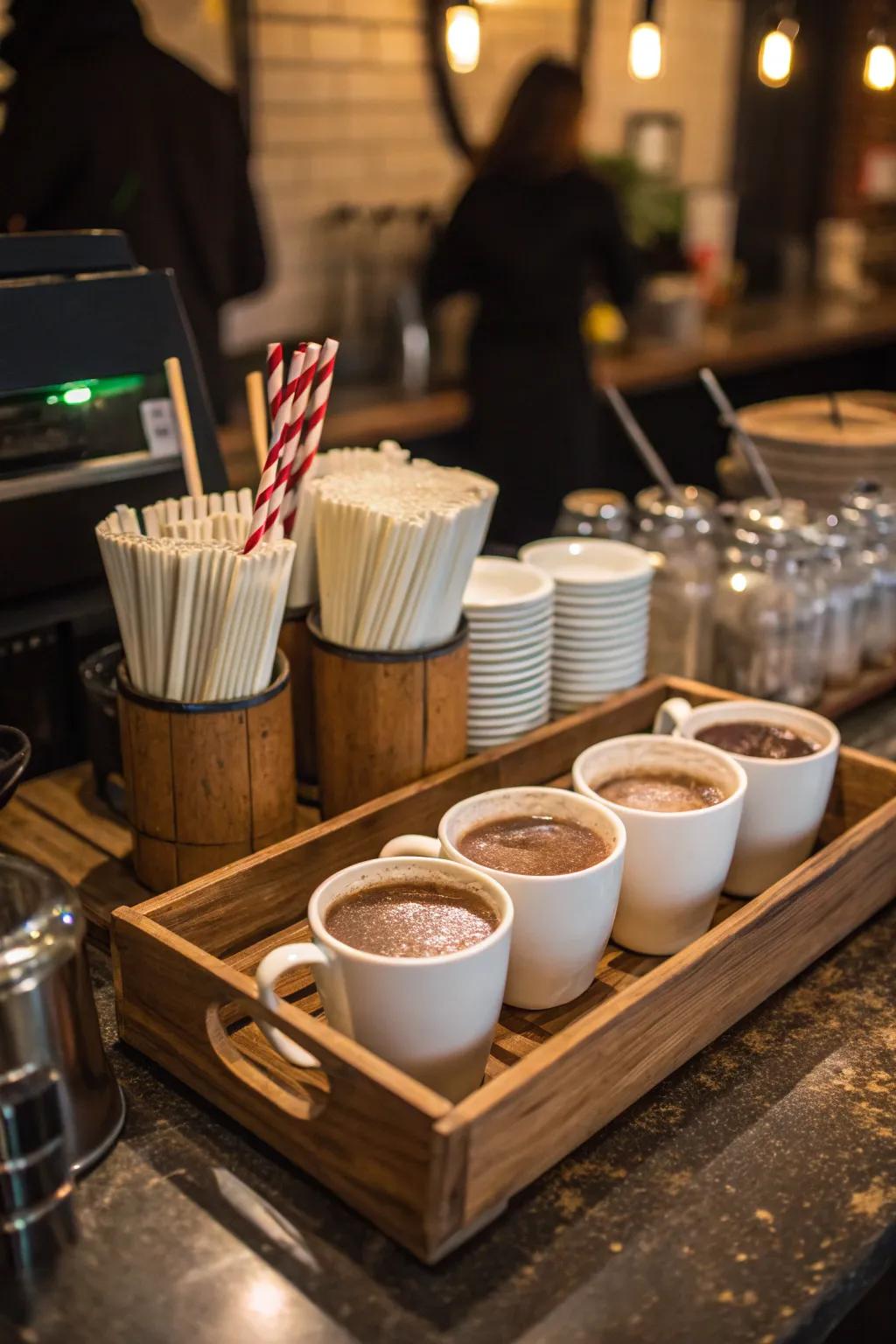 Sustainable elements like reusable straws enhance your hot chocolate bar.