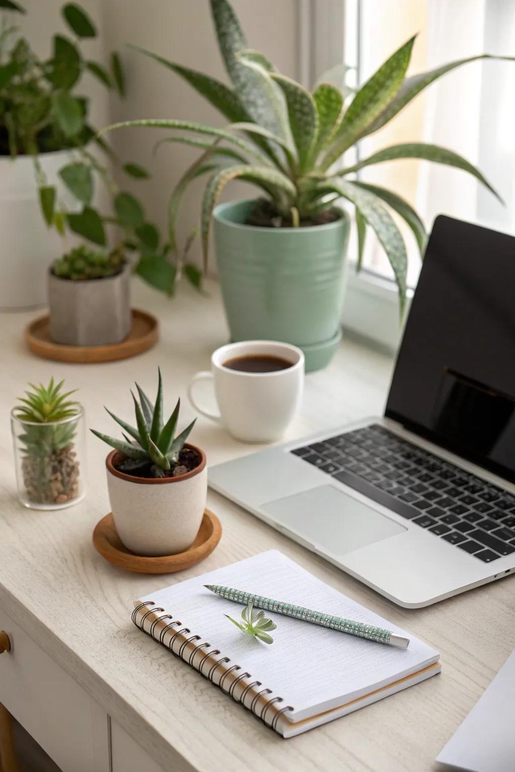 Flora on your desk can enrich your workspace atmosphere.