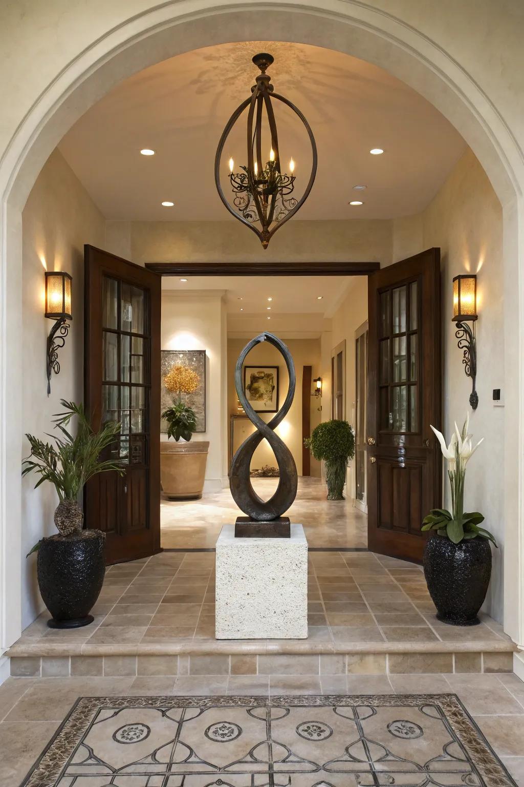 A statement piece like a statue serves as a focal point.