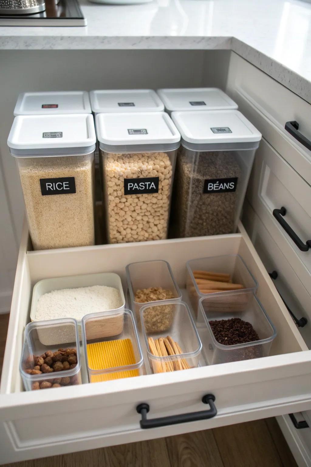 A compact pantry drawer maintains essentials at your fingertips.