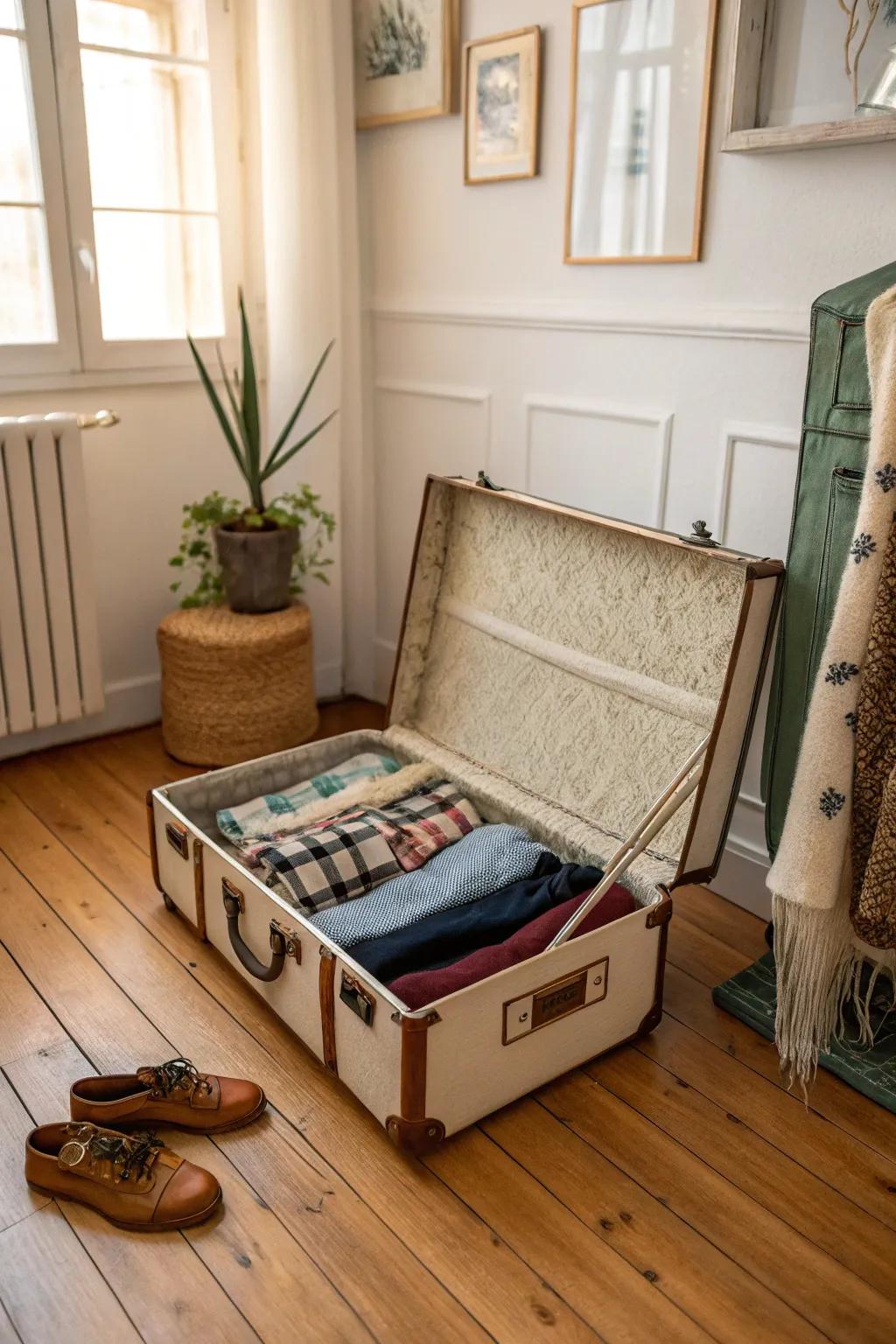 Repurpose a vintage valise for a distinctive leggings storage amenity.
