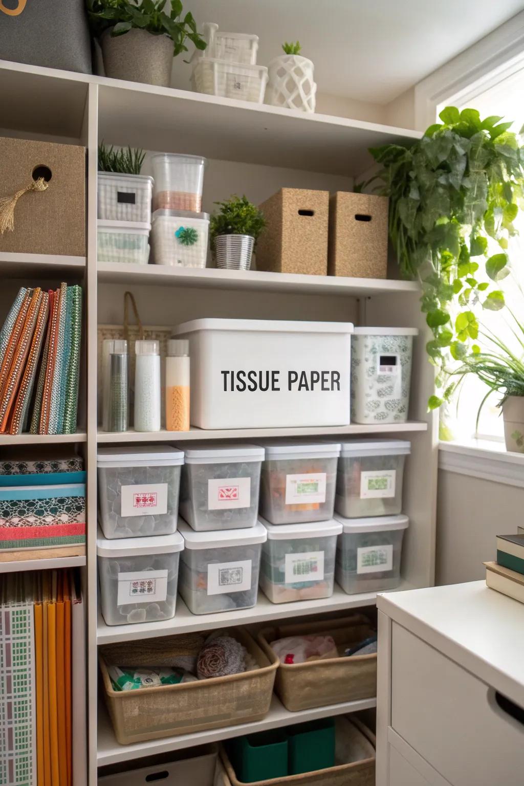Tagged storage boxes simplify tissue paper finding.
