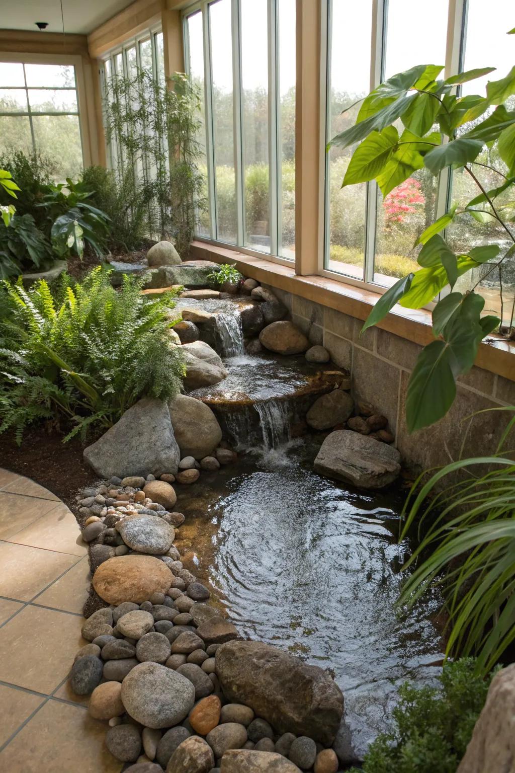 Interior riverbeds provide a natural and tranquil aesthetic.