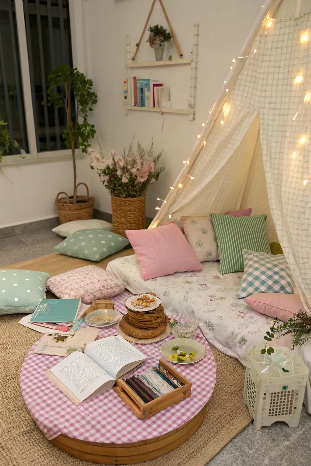 A reading nook adds a touch of quiet reflection to the picnic.
