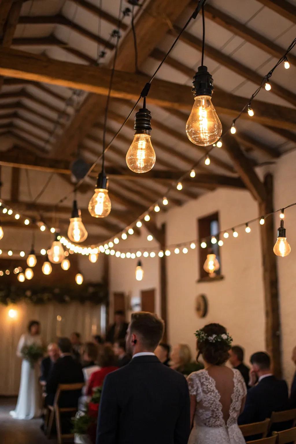 Lumina bulbs adding rustic charm with a modern twist to the wedding.