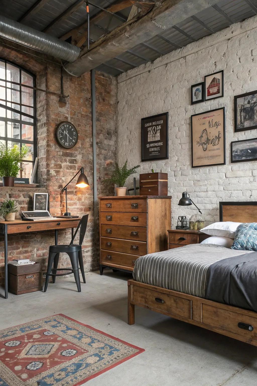 Vintage finds introduce history and character to this industrial sleeping area.