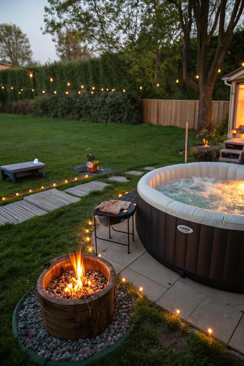 A bonfire pit appends warmth and charm to the bubbling tub area.