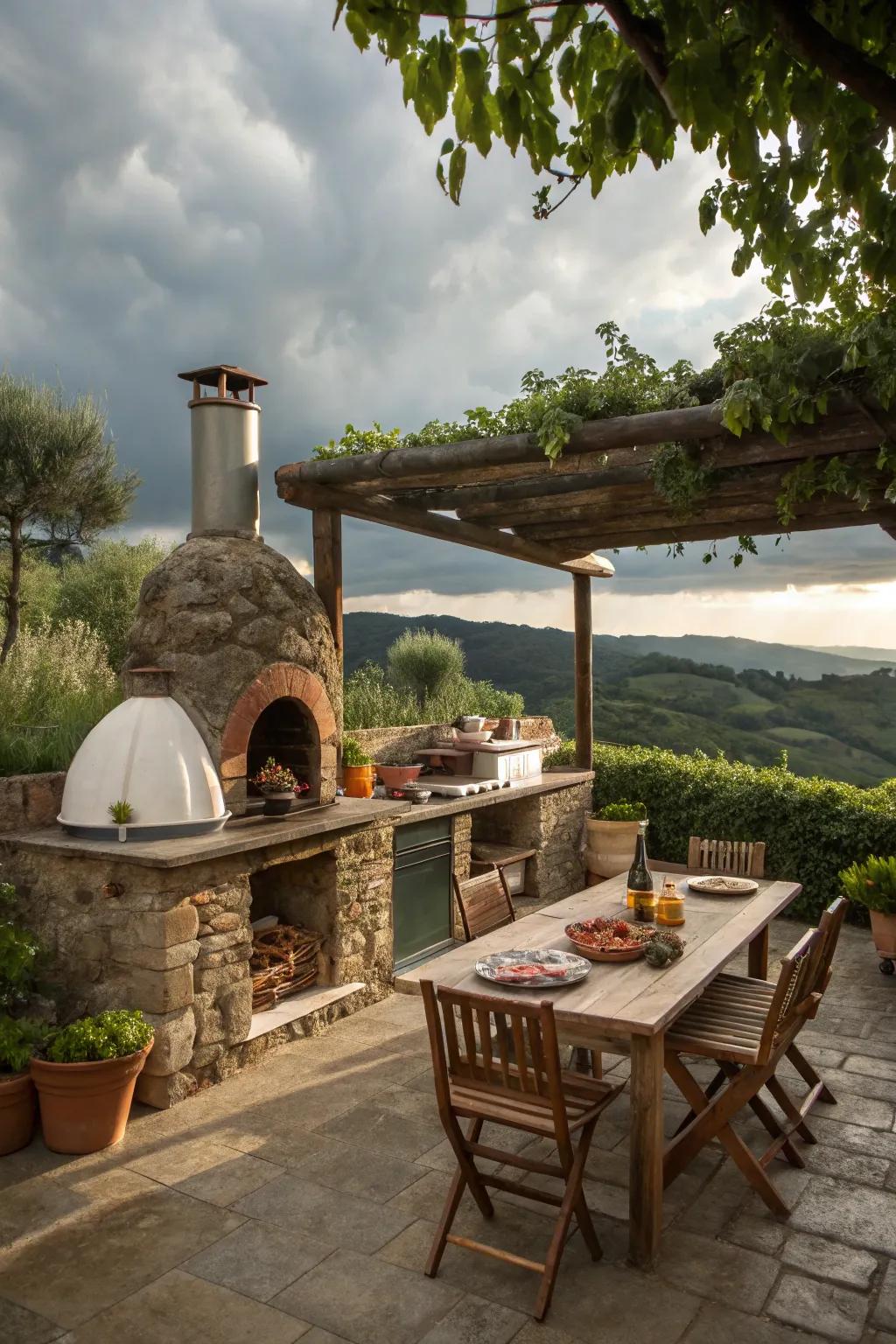 An open-air kitchen brings the joy of cooking al fresco to any patio.