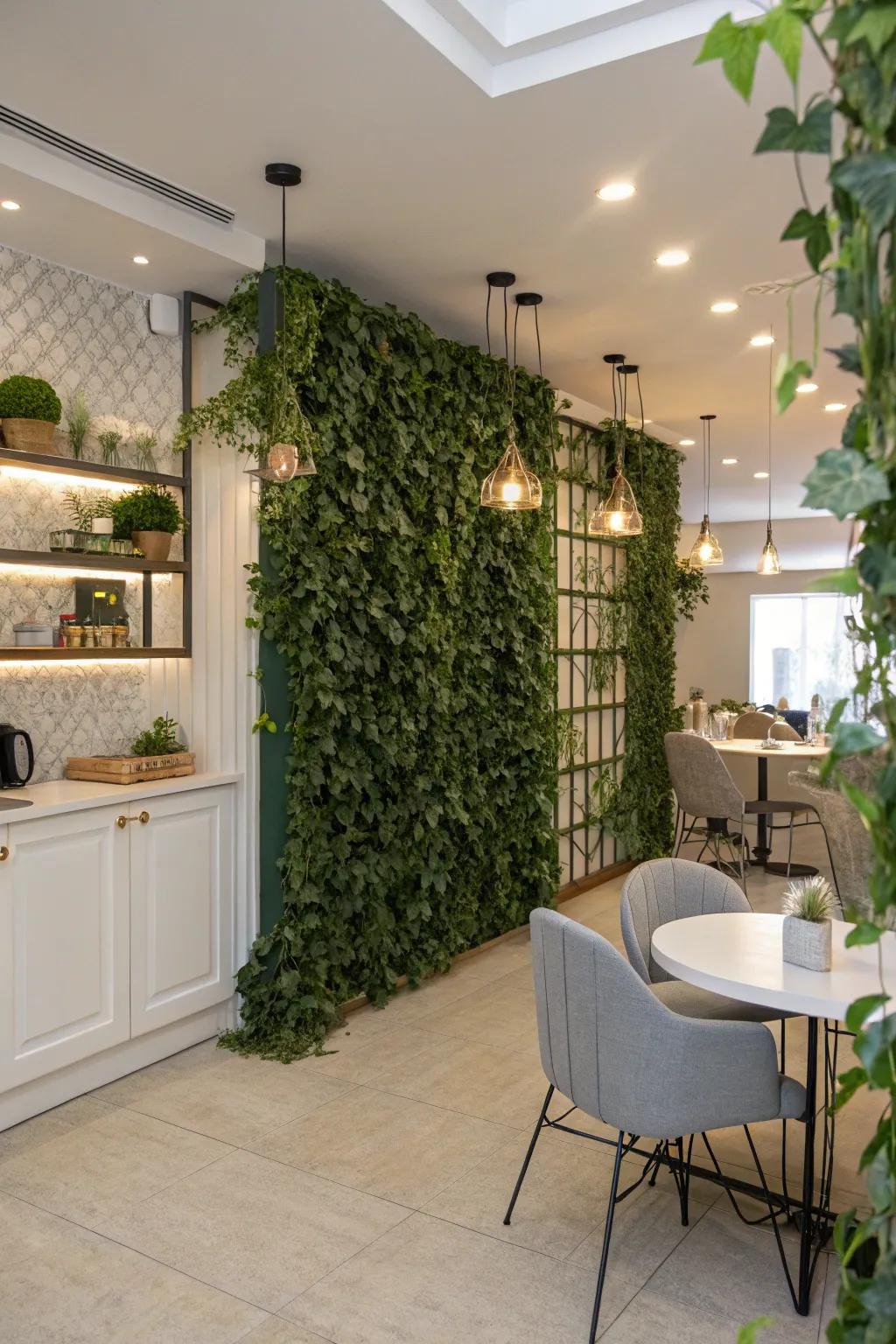 An ivy wall functioning as a chic space partitioner, introducing seclusion and greenery.