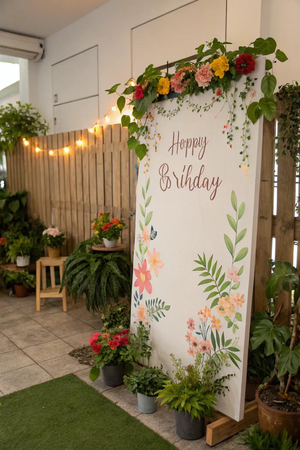 A garden celebration-styled birthday board showing summer's organic beauty.