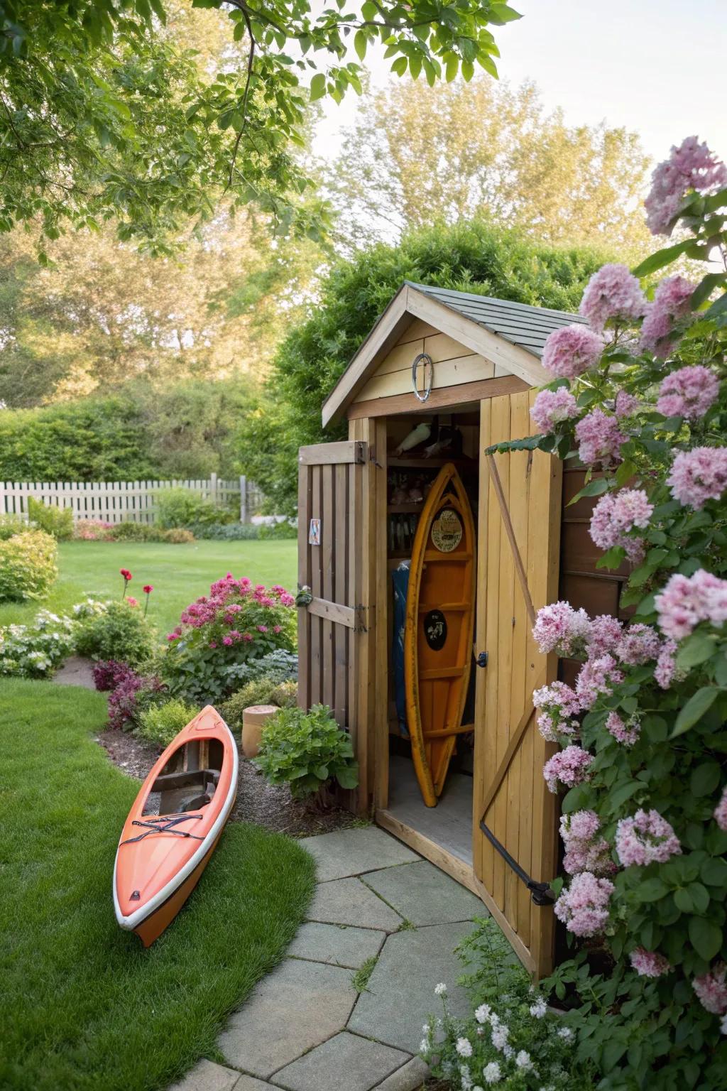 Custom-built shed for secure canoe storage.