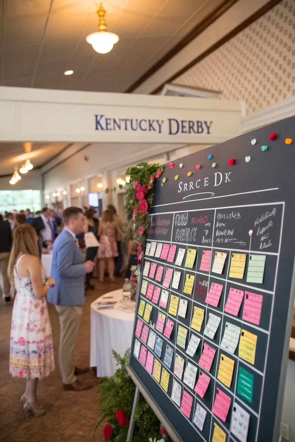 A lively gambling board arranged for Run for the Roses party enjoyment.