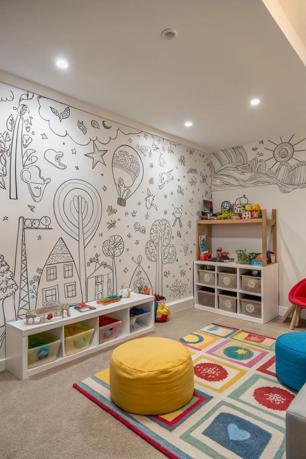A playroom featuring drawing-inspired decor, perfect for creative minds.
