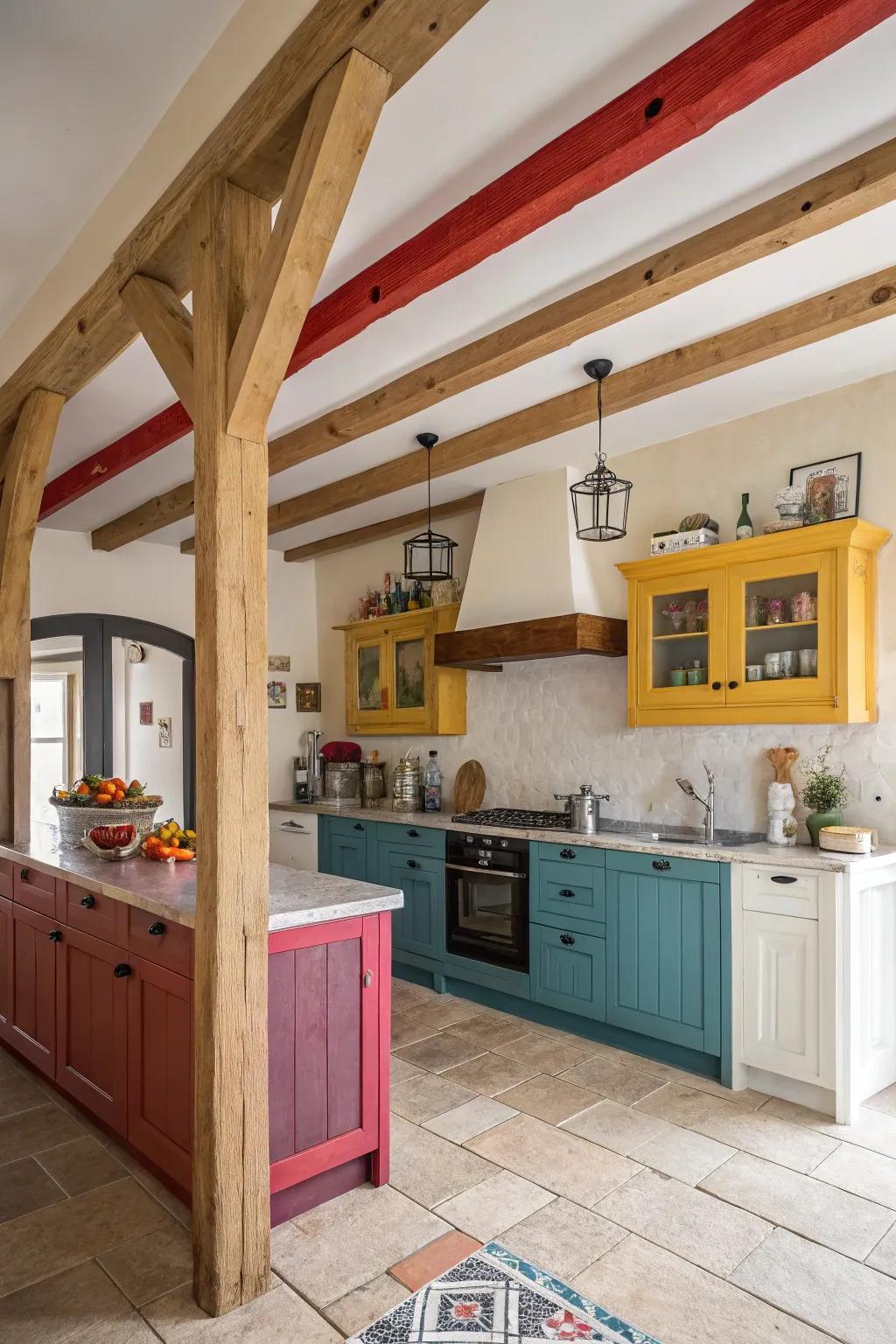 Unusual shades on beams create a bold kitchen statement.