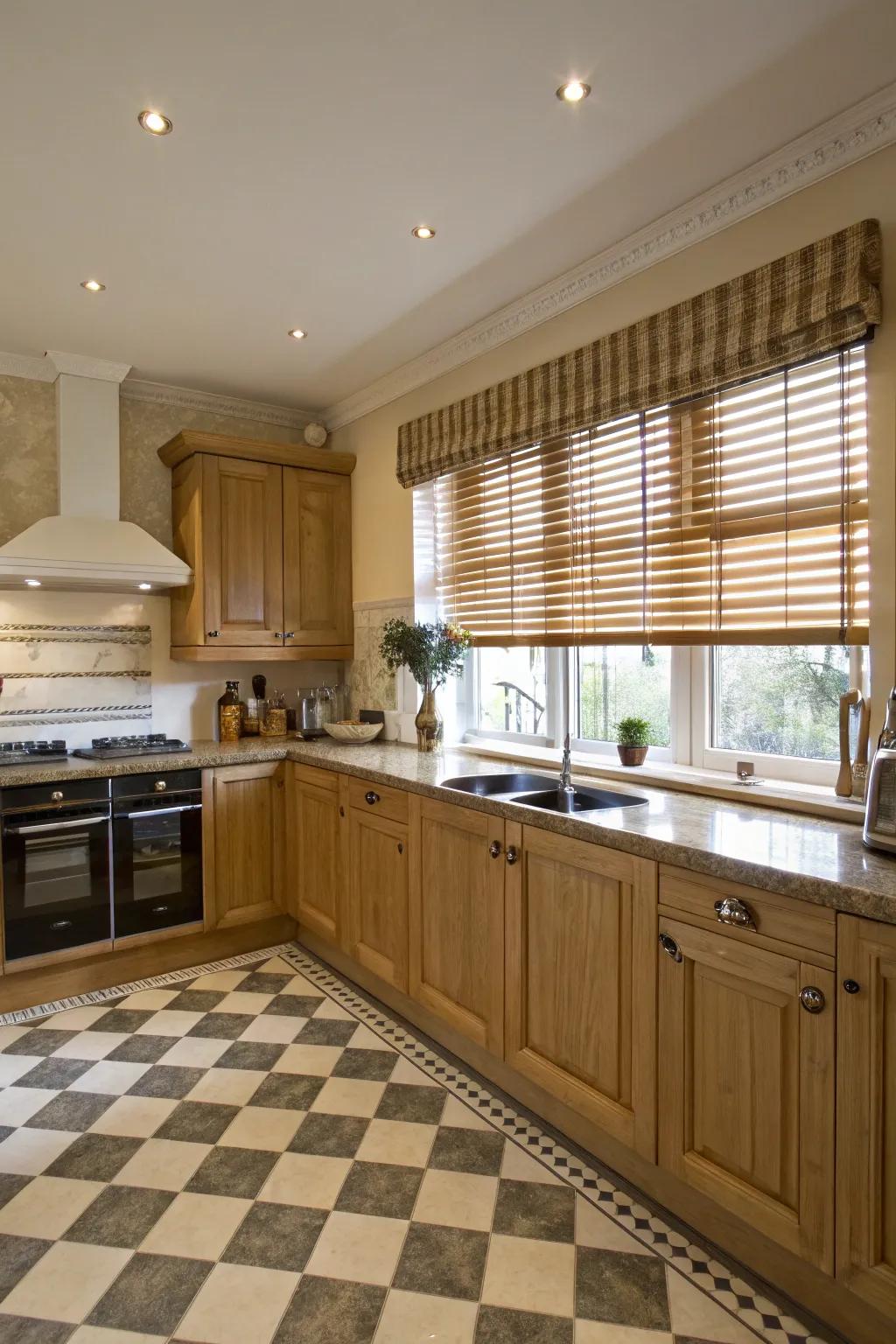 Classic kitchen featuring Venetian window treatments