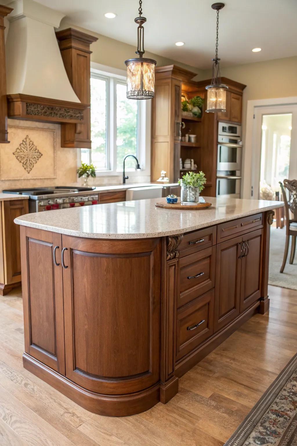 Inviting kitchen island showcasing elegantly rounded nooks.