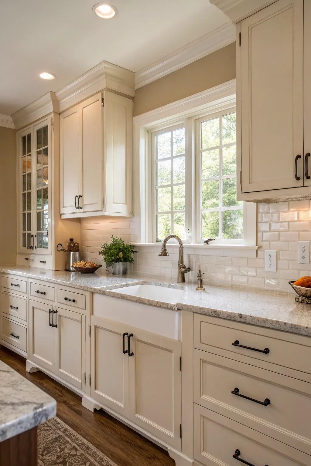 Timeless sand walls provide a simple and timeless backdrop.