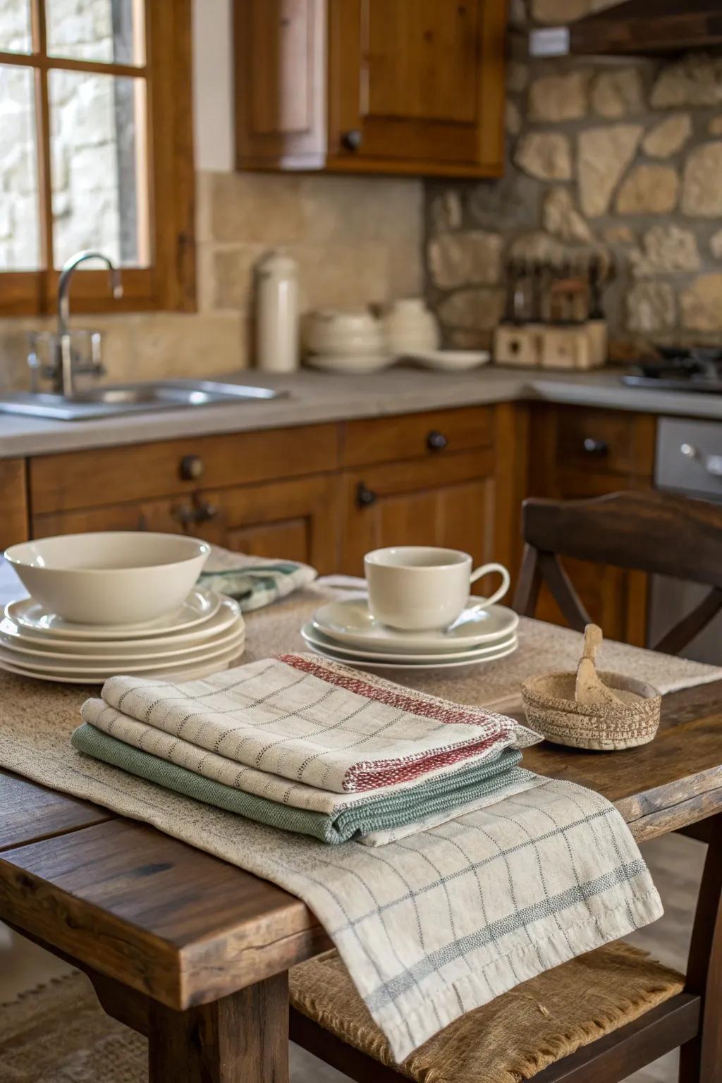 Cloths can be utilized as table mats to offer a rustic and cozy design.