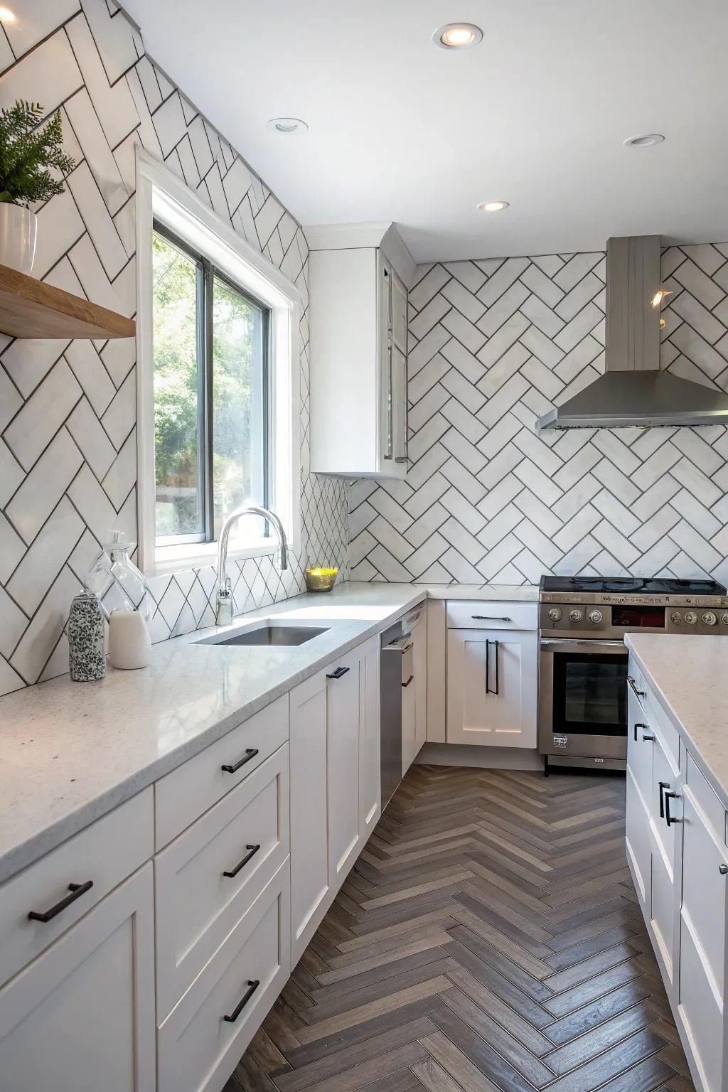 Rectangular tiles in a unique herringbone layout boost this kitchen's style.