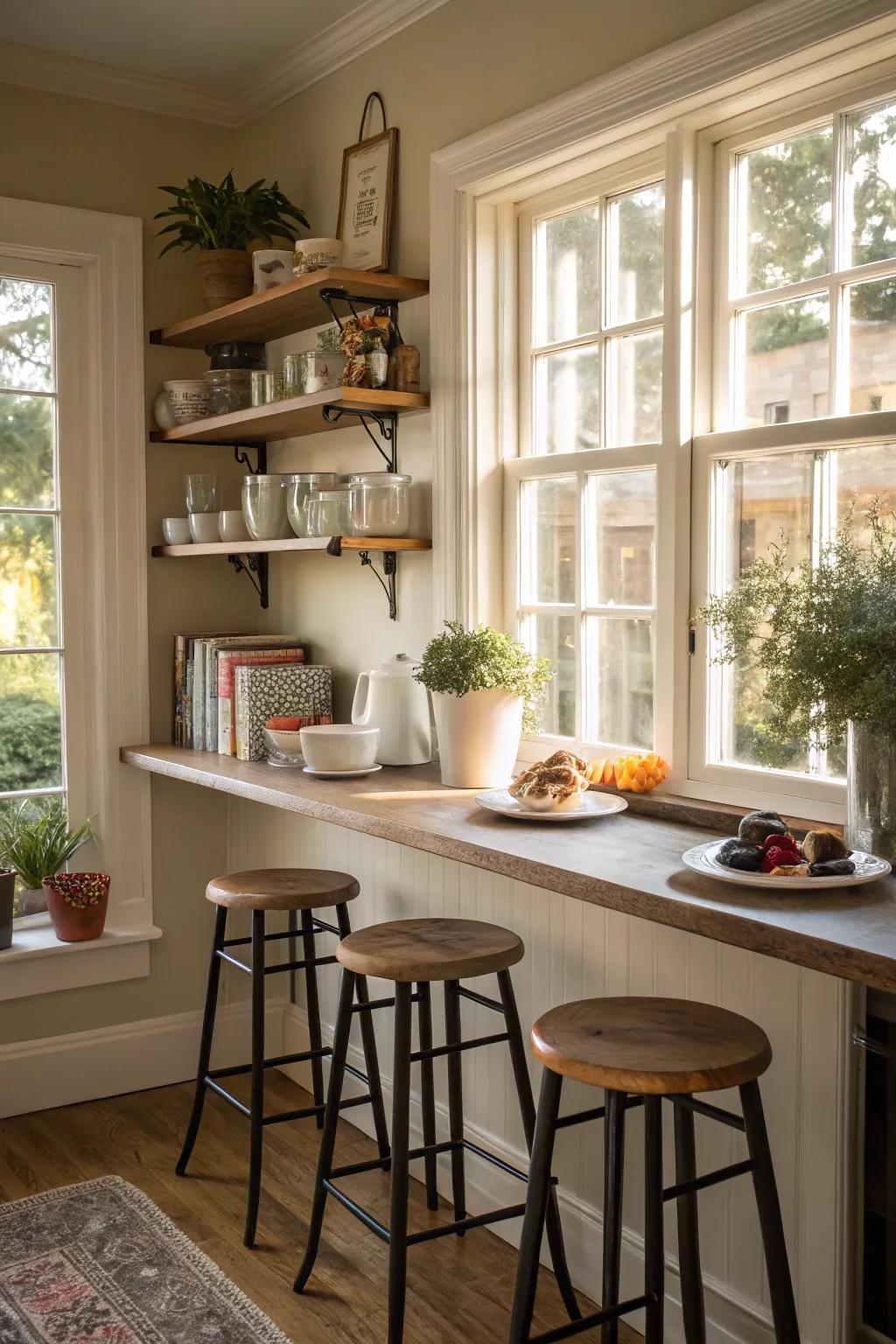A breakfast spot by the window shelves is ideal for morning coffee.