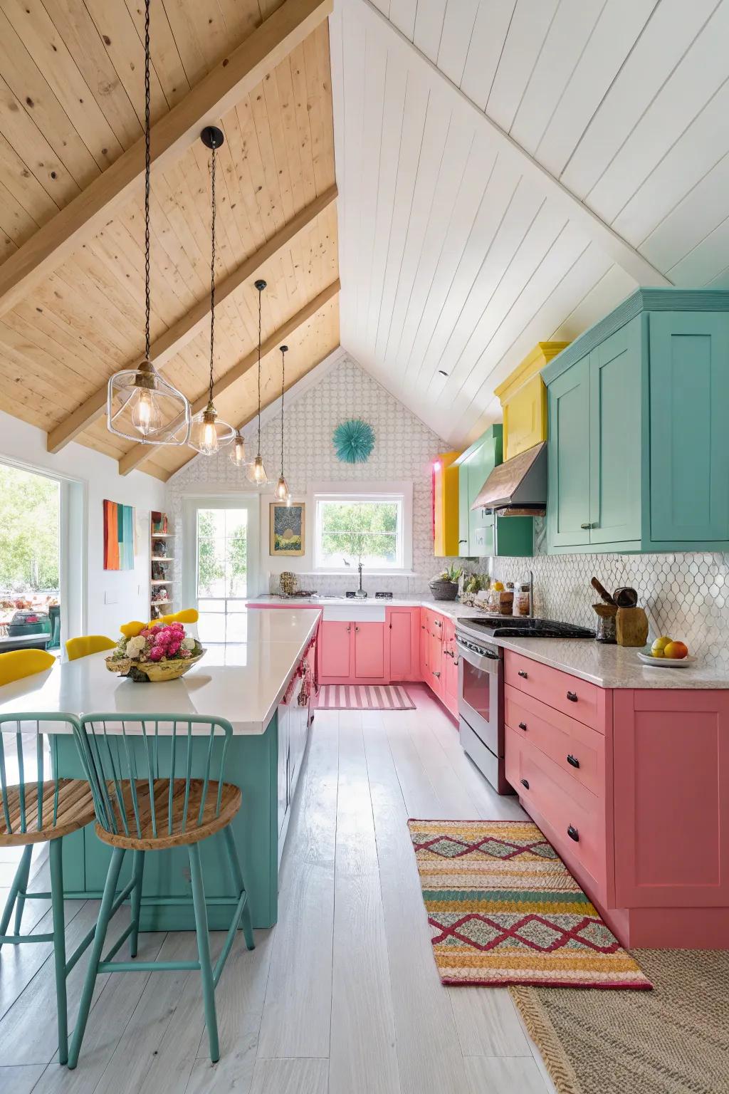 A pop of color adds a playful touch to this modern kitchen with a vaulted ceiling, creating a vibrant and welcoming atmosphere.