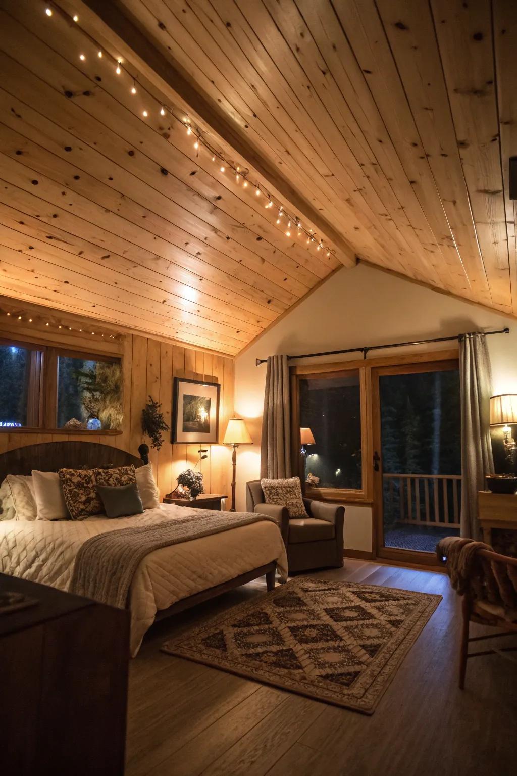 A cozy room where ambient lighting enhances the wood-clad ceiling.