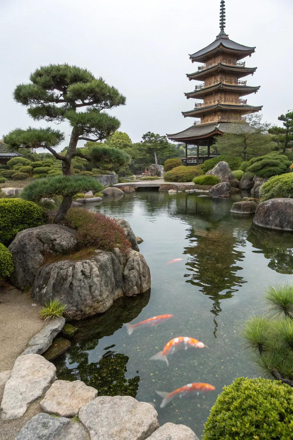 A pagoda injects a traditional Japanese nuance into koi havens.