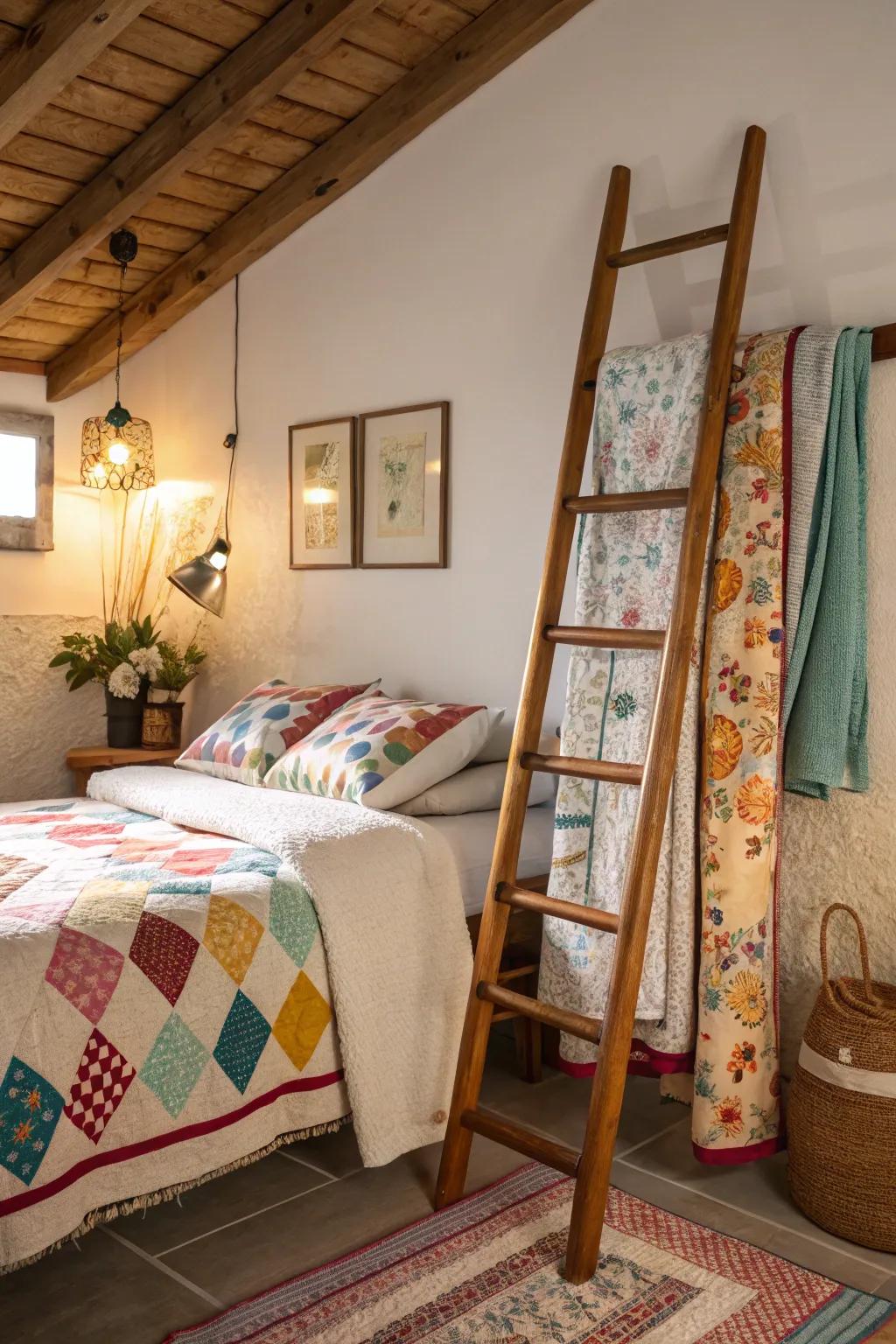 A ladder patchwork quilt show infuses vibrancy and texture into the sleeping quarter.