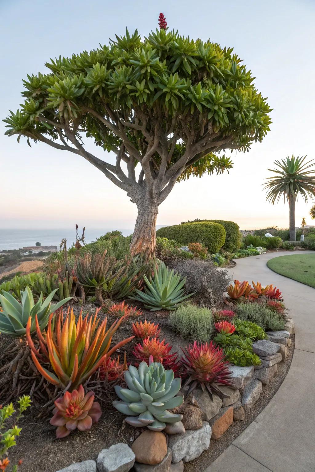 A water-retaining plant garden infuses intriguing configurations and hues near trees.