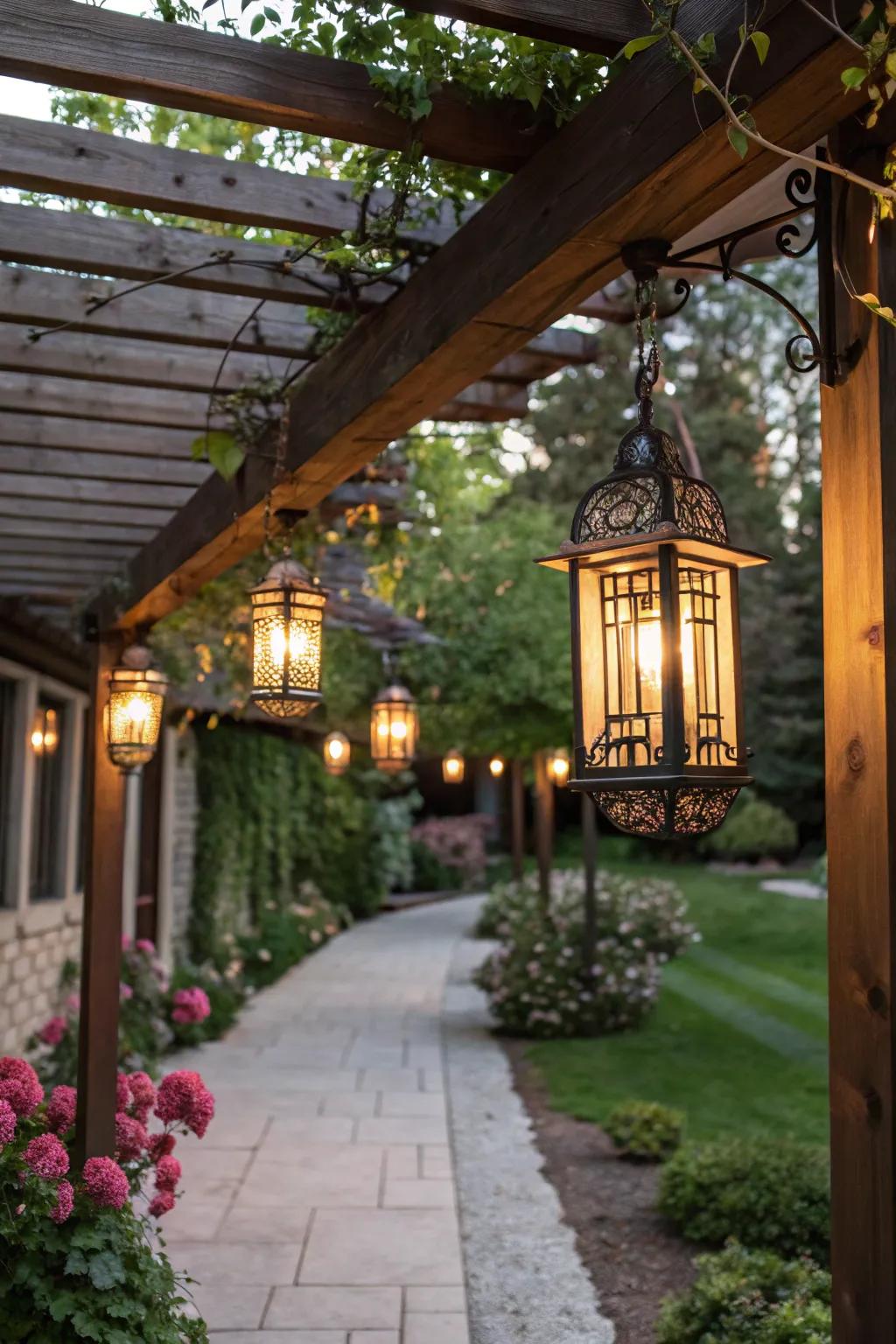 Ornamental lights transmute pergolas into intimate hideaways.