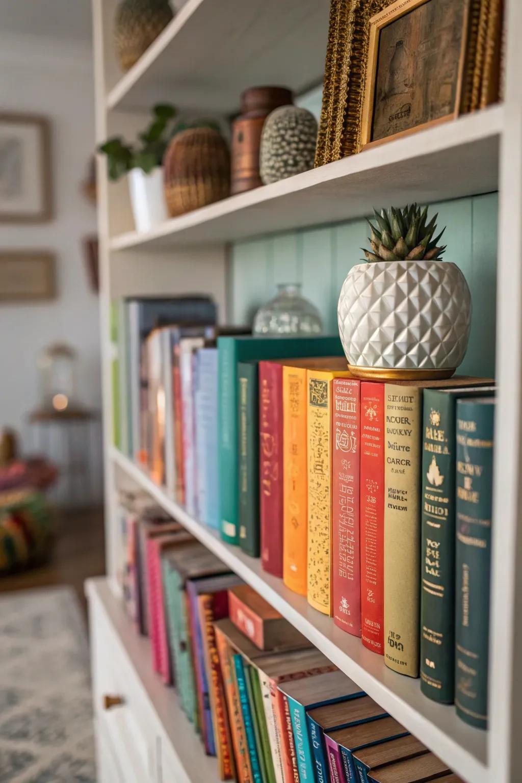 An eclectic arrangement lends energy and character to this bookshelf.