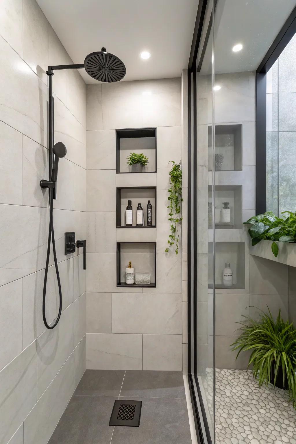 Concealed storage preserves a neat and clutter-free shower setup.