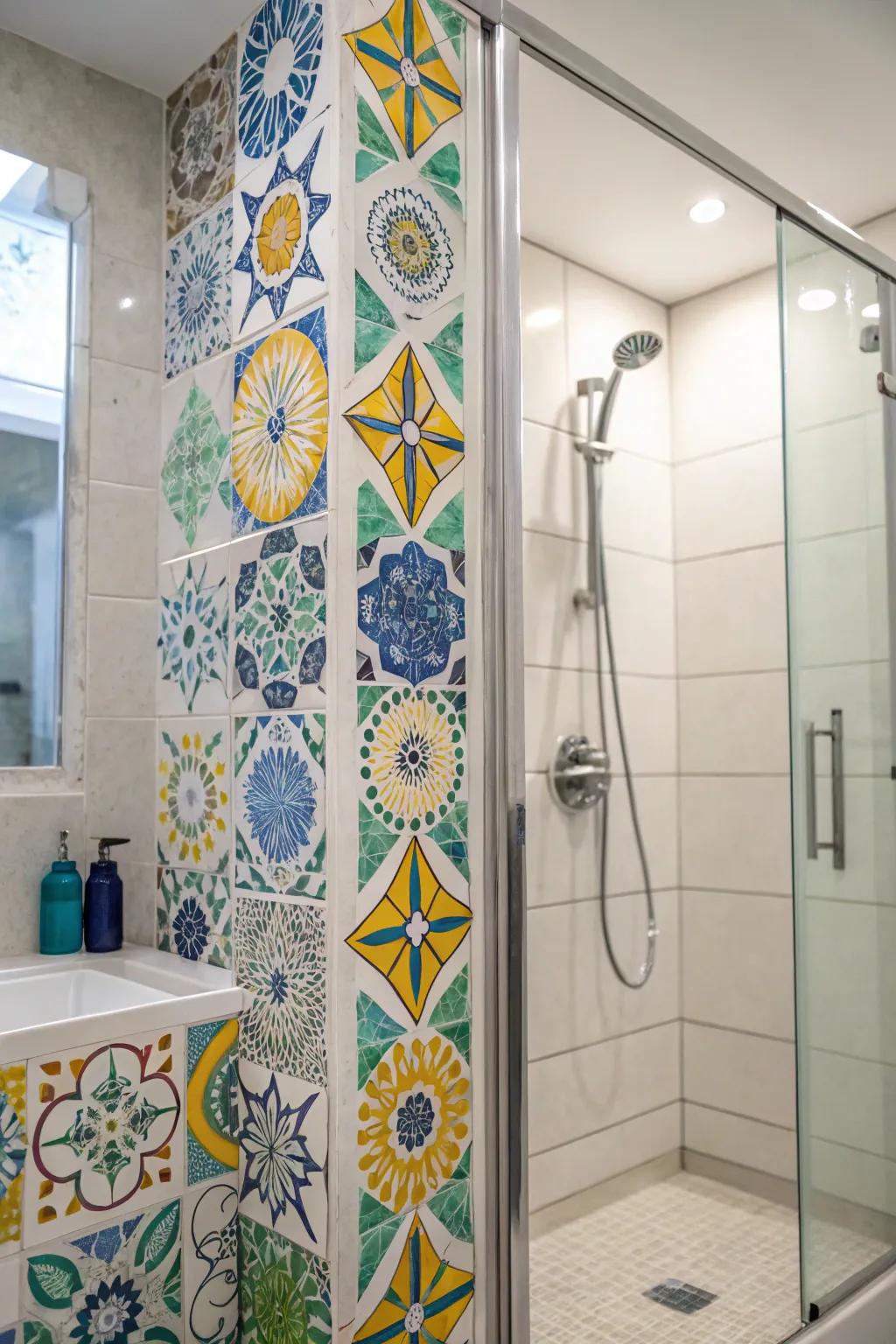 Artwork tiles add color and style to showers.