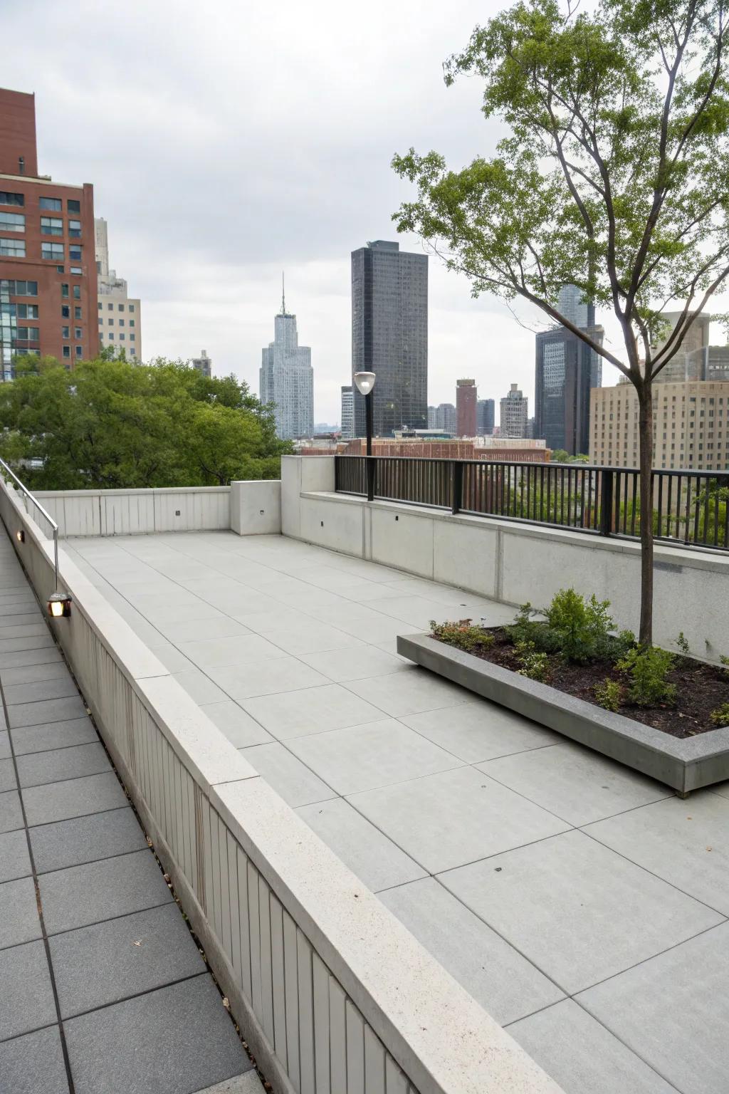 Hard surface skirting provides an urban chic look to this urban deck.