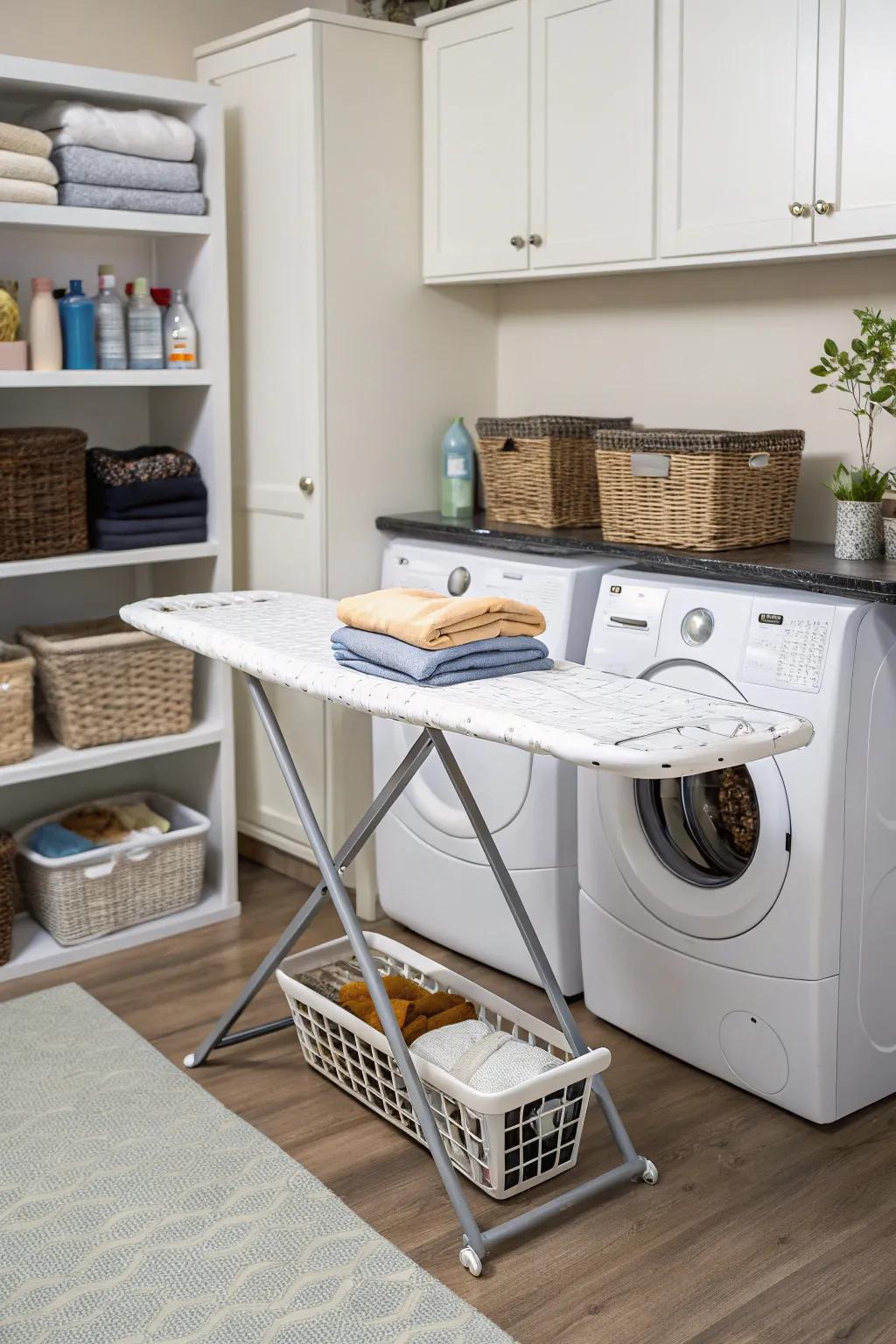A table with an integrated ironing board offers extra convenience.