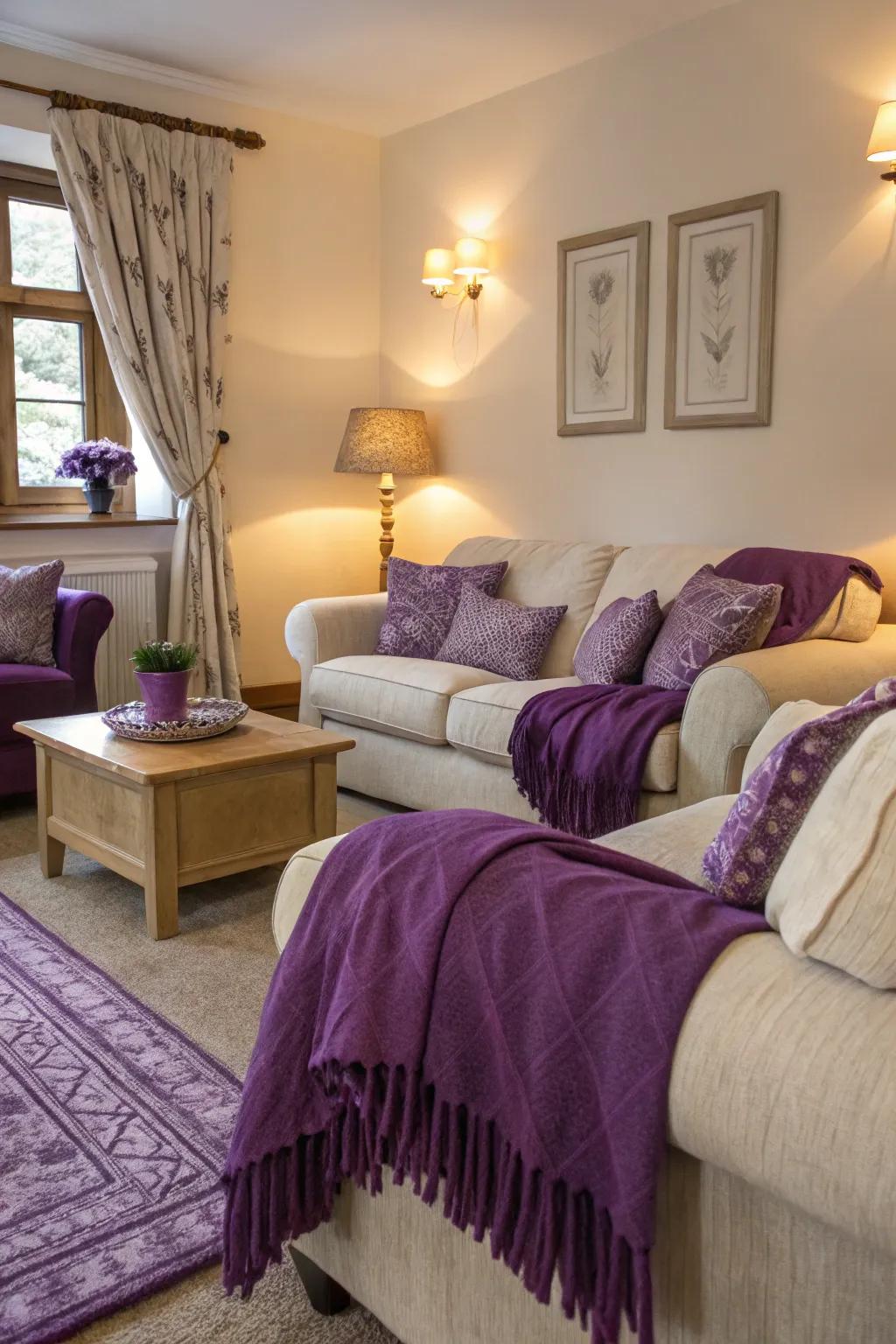 A comfortable lounge enhanced by violet throws and cushions designed for added texture.