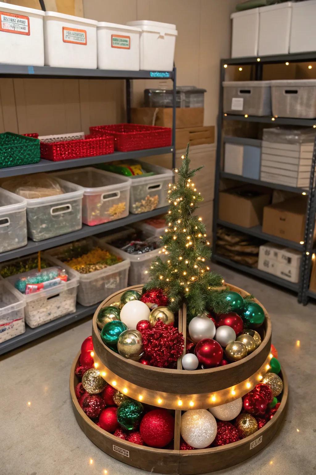 Easily organize holiday decor with a spin organizer.