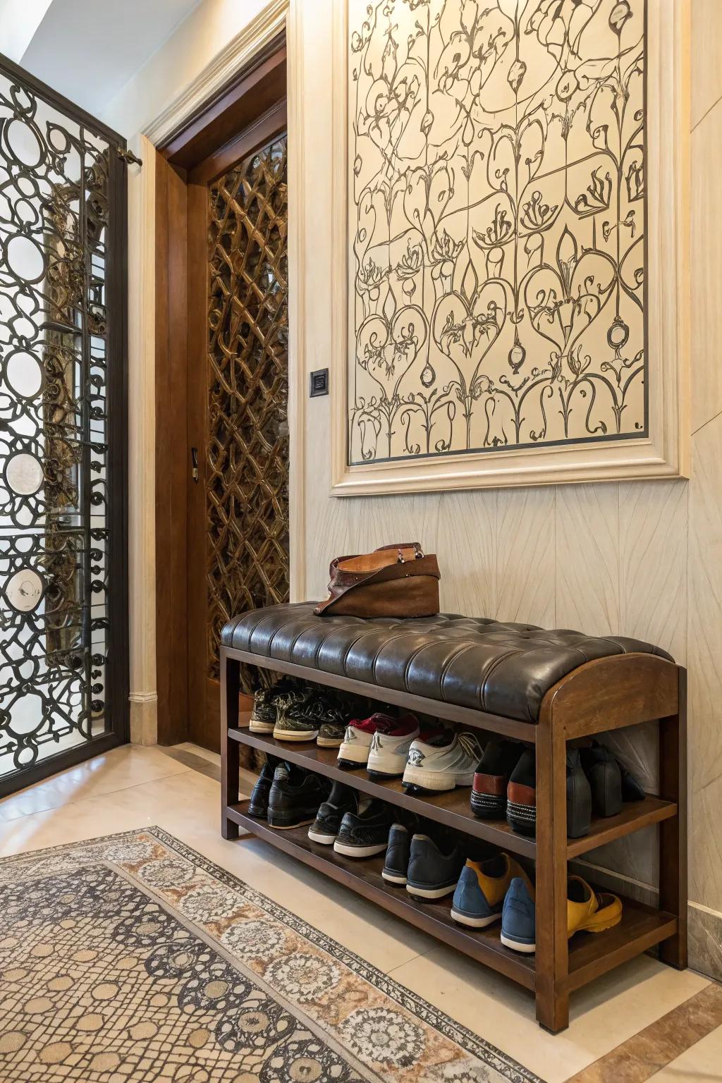 Hide accents turn shoe racks into fashionable storage.
