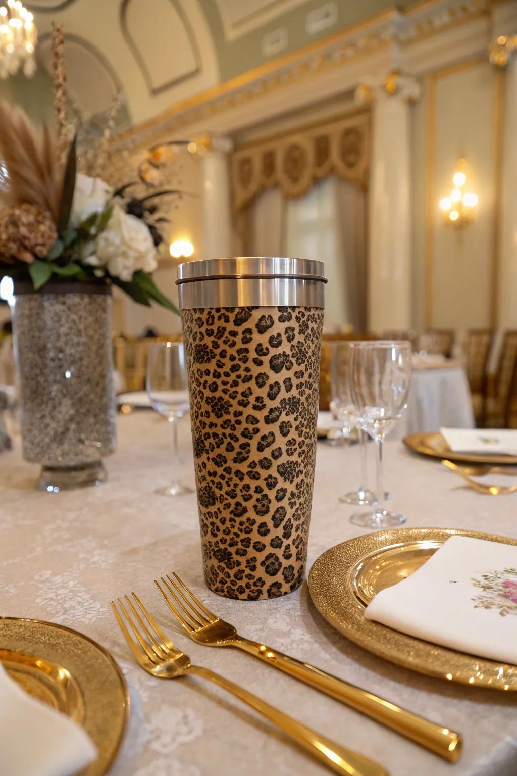 Animal spots merge with splendor via metallic accents for a glamorous effect.