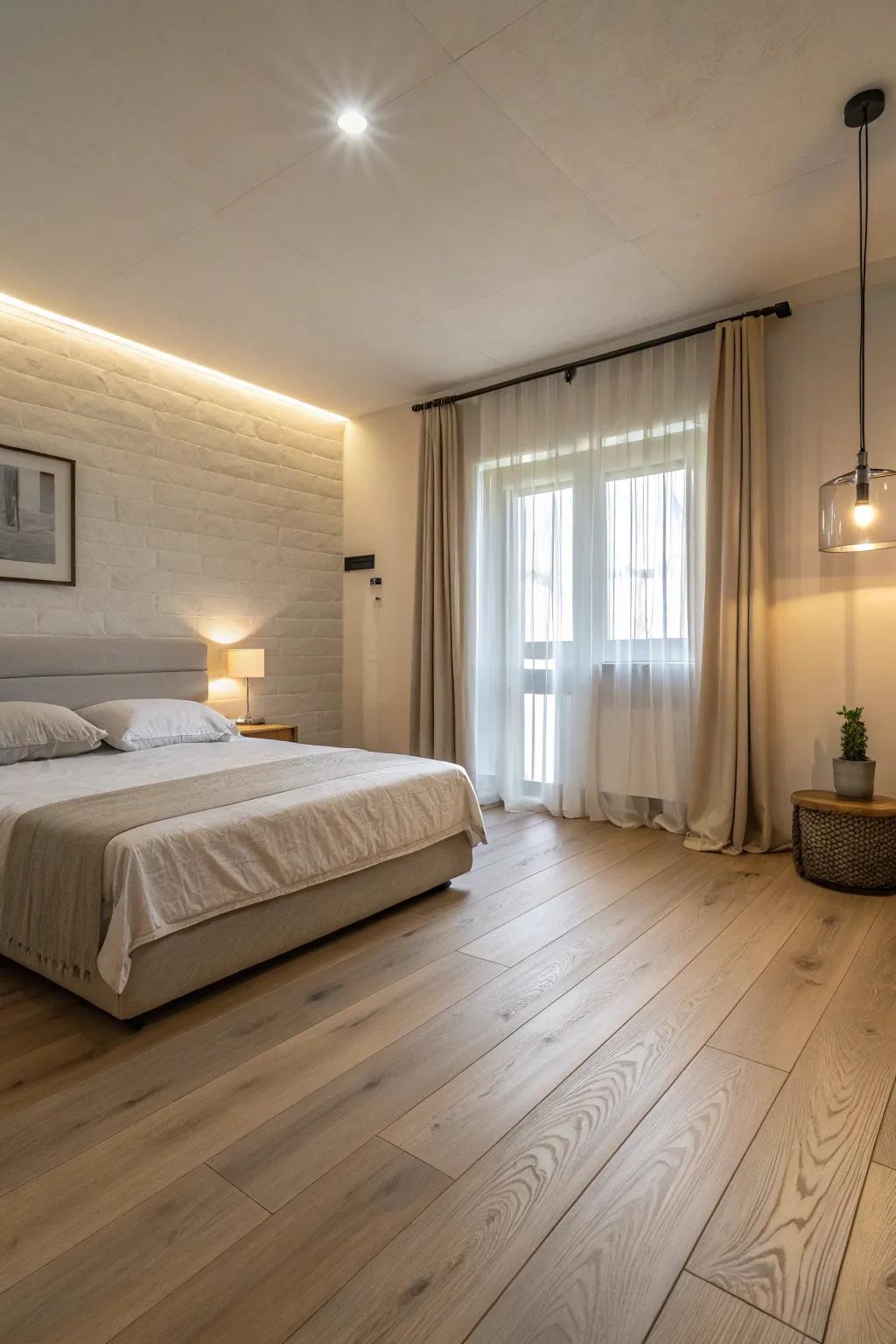 Light blonde ash flooring adds sophisticated simplicity to this minimalist bedroom.