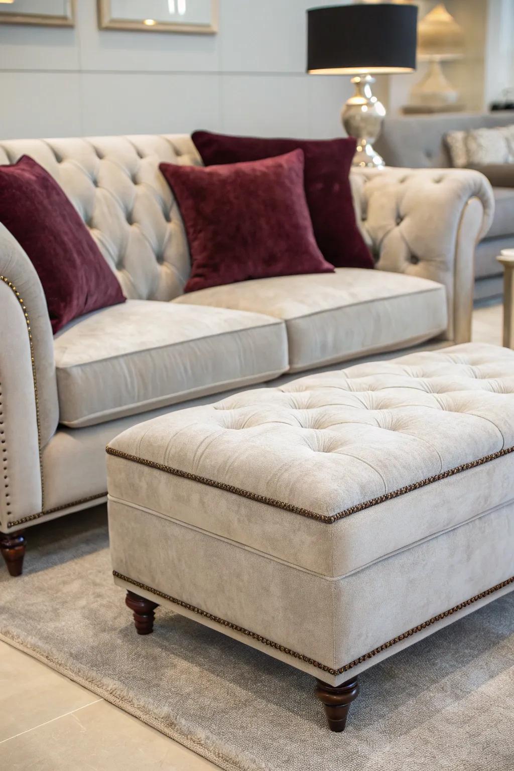 Velvet textures enhance a lavish and inviting aspect of an area highlighted by a light grey couch.