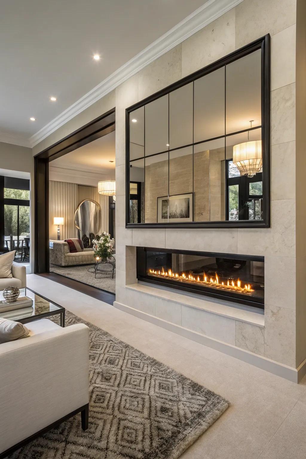 Amplify light and space using mirrors encircling your hearth.