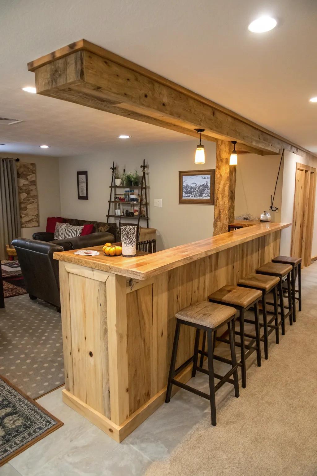 A natural-edge bar that serves dual purposes as a bar and dining space in a compact setting.