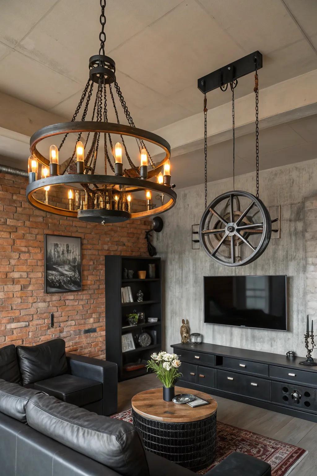 A living room spotlights an industrial-style chandelier marked by metallic features.