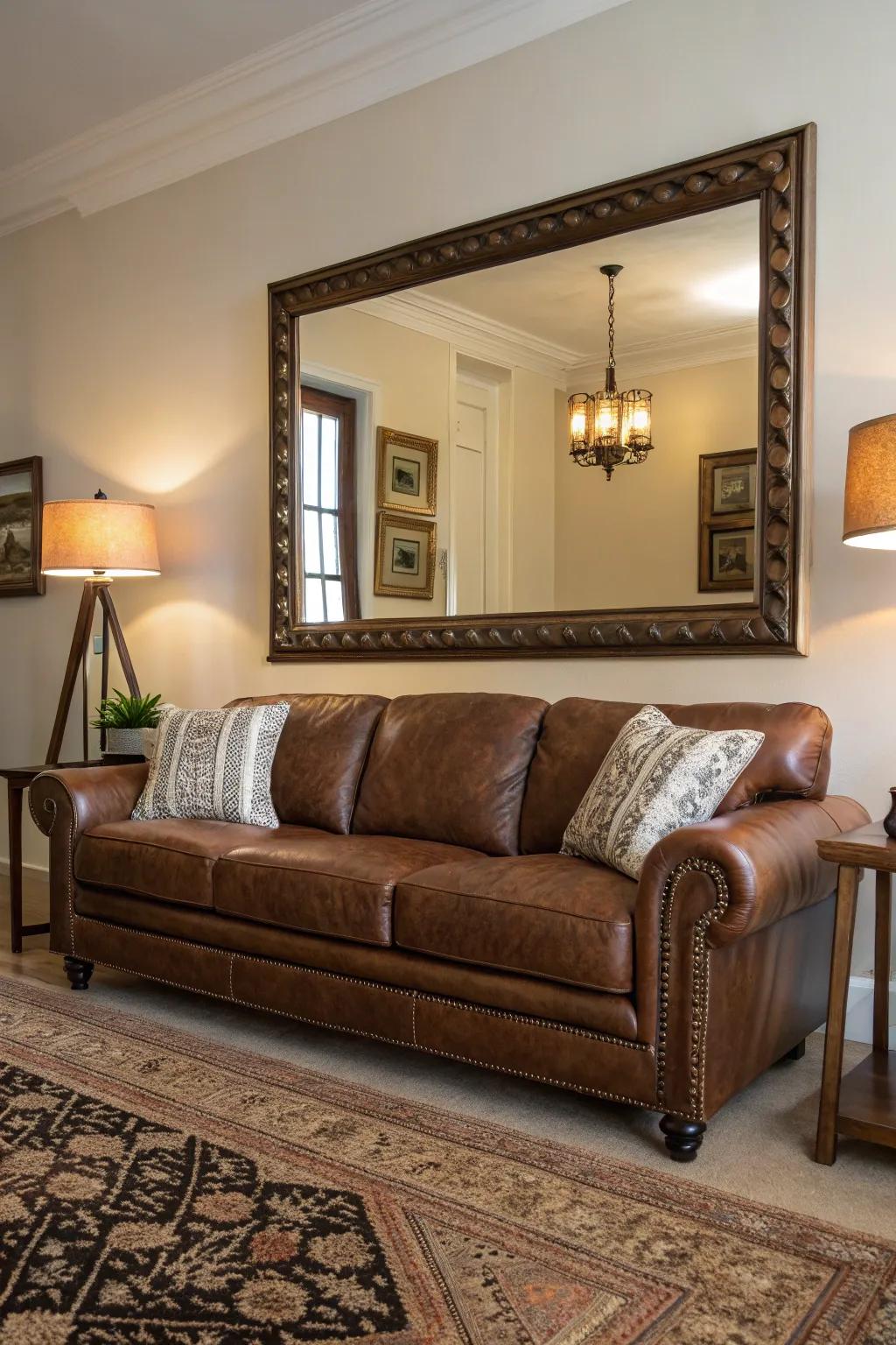 Looking-glasses enhance light and space in the living space.