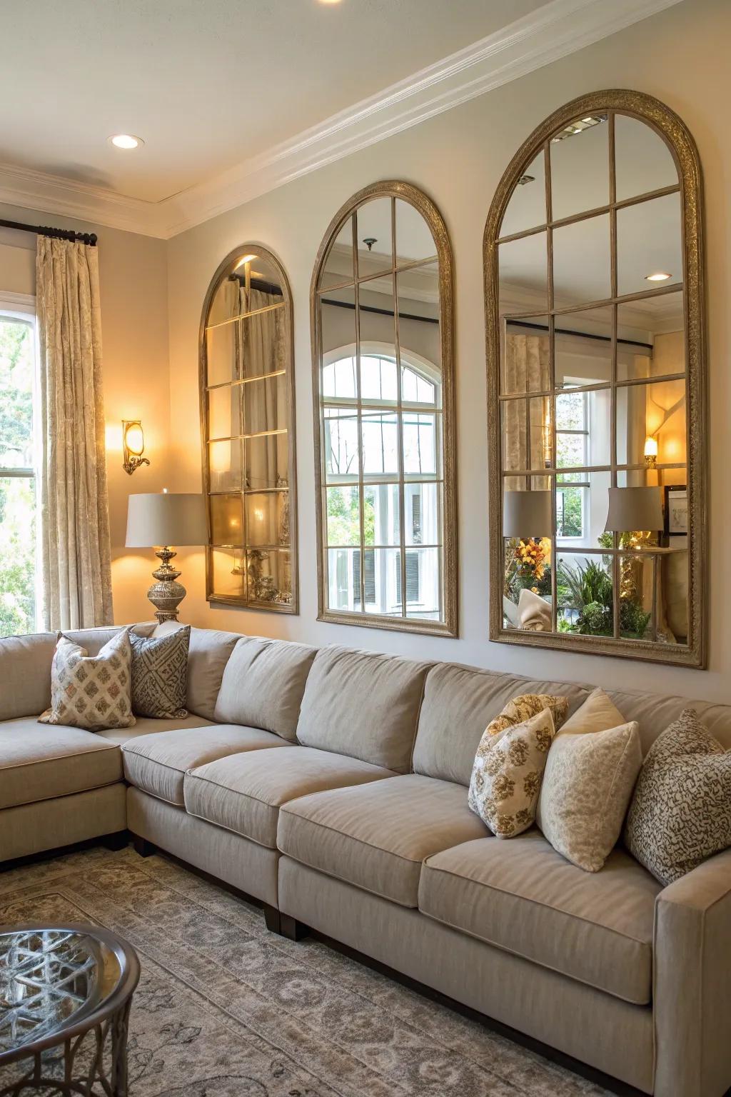 Mirrors amplify light and space around the sectional.