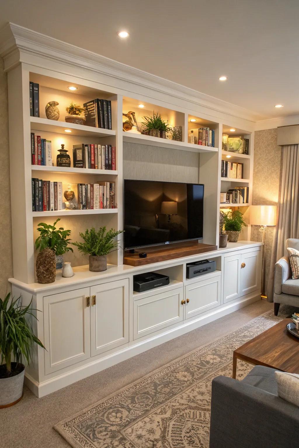 A media wall with integrated bookshelves provides both purpose and elegance.