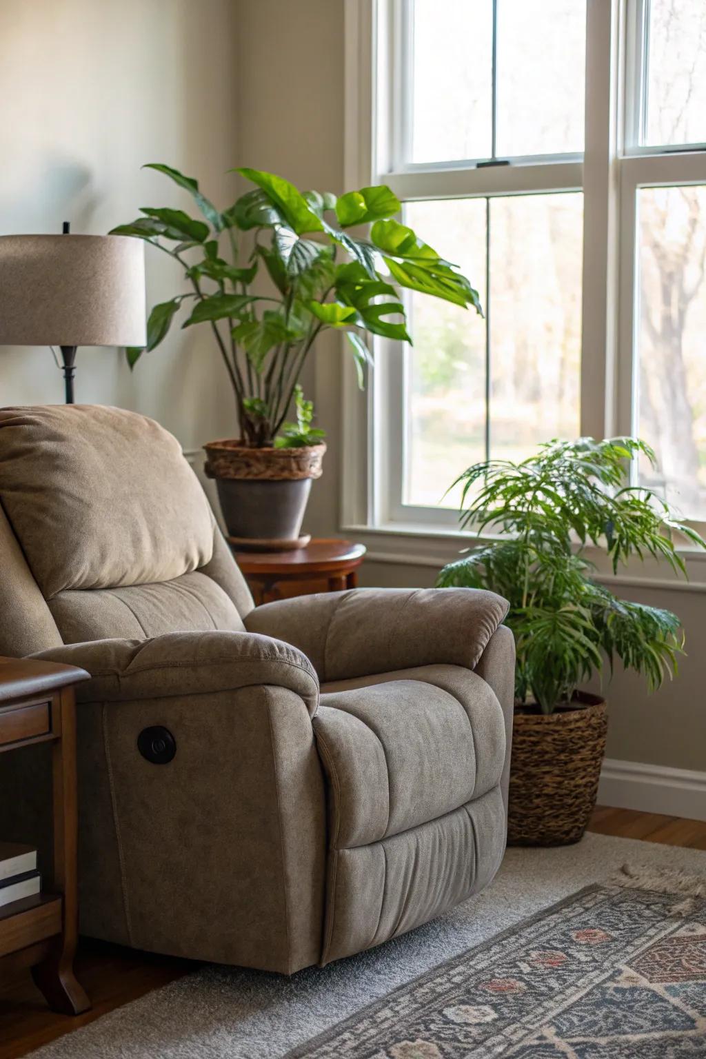 A refreshing family room corner featuring a recliner and greenery.